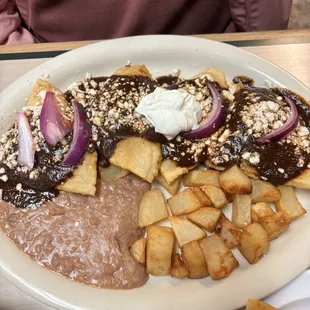 Chilaquiles rellenos de pollo en mole