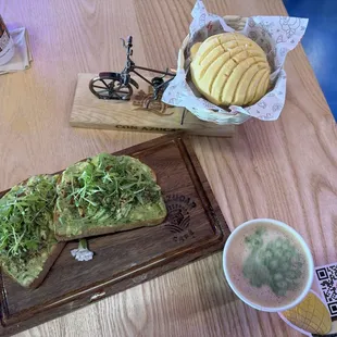 Avocado toast, concha, and cappuccino
