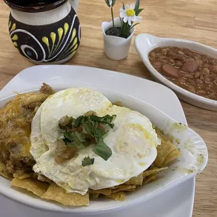 Chilaquiles with chorizo &amp; green sauce &amp; charro beans