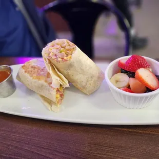 Breakfast burrito with side of seasonal fruit