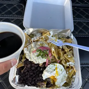 Chilaquiles verdes with Cafe De Olla