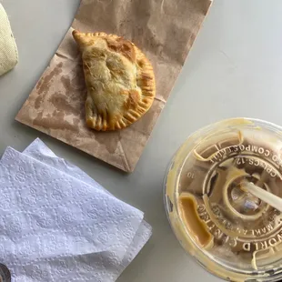 Chorizo and cheese empanada, vanilla lavender iced latte