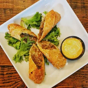 Cheesesteak Egg Rolls, Sriracha Aioli