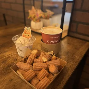 Churro Bites, Cookie Dough Ice Cream, hot coffee