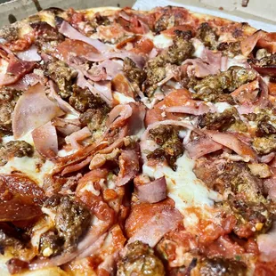 Pepperoni, Italian ham, bacon, homemade hot sausage