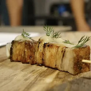 Roast Pork Belly with Fried Apple Puree ~ cippolini onions with a Vietnamese caramel and shaved fennel; served yakitori style