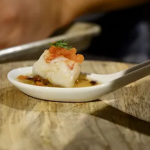 Poached Lobster with Melon Gazpacho ~ Yellow Piperade, tomatillo ice with Thai chile oil