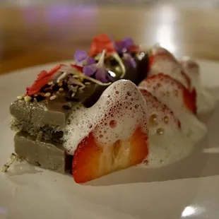 Black Sesame Bavarois with strawberry and fennel foam