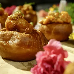 Korean Fried Chicken and Donuts with pickled mustard seeds and mint honey