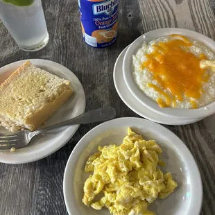 Scrambled Eggs, Grits, Johnny Cake Orange Juice