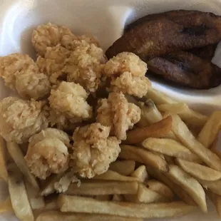 Fried Shrimp with French Fries and Fried Plantain