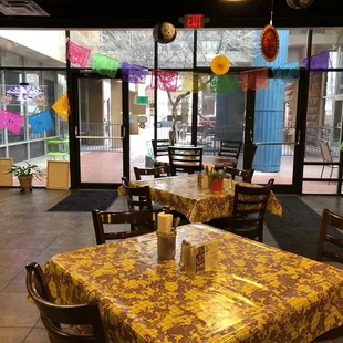 tables and chairs in a restaurant
