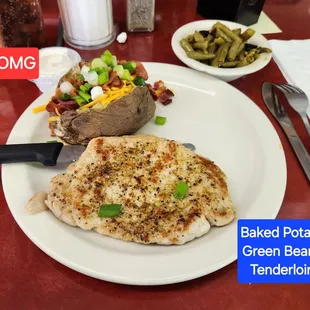Tenderloin, baked potato, green beans