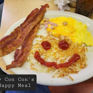 bacon, eggs, hash browns and hash browns