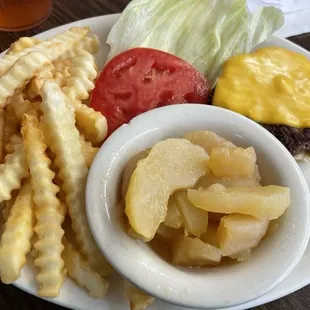 1/4 lb. Cheeseburger, French Fries, fried apples.
