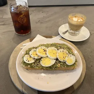a plate of food and a cup of coffee