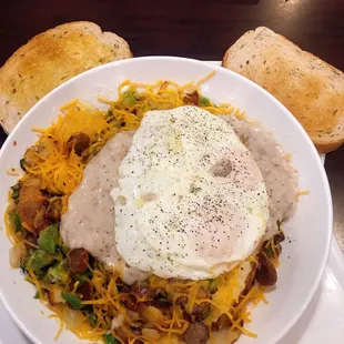 Concord breakfast bowl with rye bread and over easy eggs. My favorite go-to menu item.