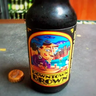 a beer bottle with a picture of a man on it