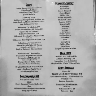 Drink Menu, best deal is the double wells for $10 versus a single for $7