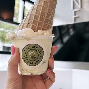 a hand holding a cone of ice cream