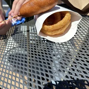 Onion rings and corn dog