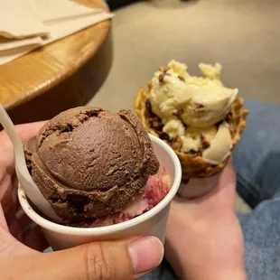 Mine medium dish (1 chocolate scoop, 1 tart cherry crumble scoop), his vanilla ice cream (almonds topping)