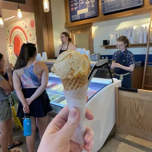 Vanilla Apricot Torte single scoop on a sugar cone!
