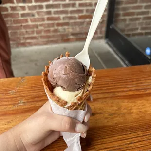 Scoop of Cinnamon and Dark Chocolate in a Waffle Cone