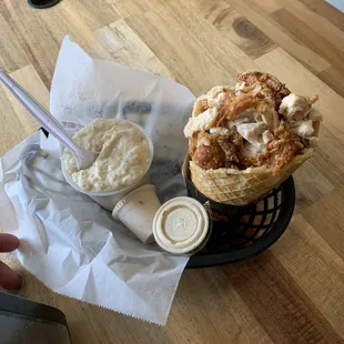 Chicken waffle with grits (the grits were delicious).