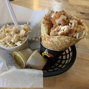 Chicken and shrimp Waffle w/pineapple coleslaw