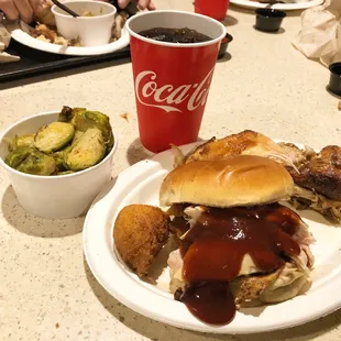 Rotisserie chicken made into a tasty sandwich with amazing Brussel sprouts!