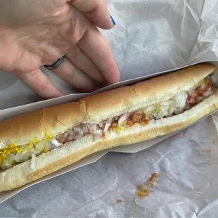 Long dog mustard &amp; onion with ketchup July 4, 2022