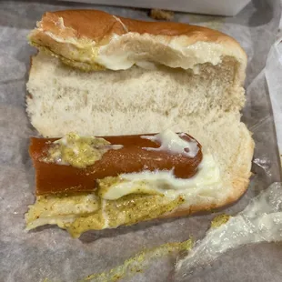 Tiniest hot dog ever and mushy!