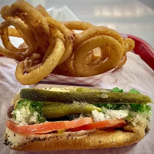 The Chicago Dog and Onion Rings.