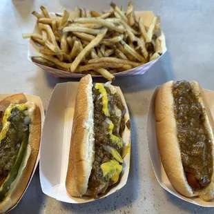 Chicago style, Coney style, chili dog with fries