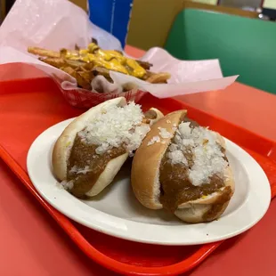 Two Original Coney Island Hot Dog and a medium Chili Cheese Fries