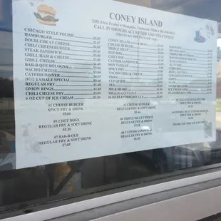 a menu for coney island