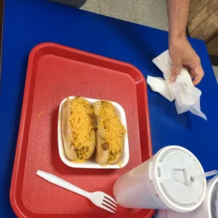 2 - Coneys - chili, cheese and onion for my sweetie!!