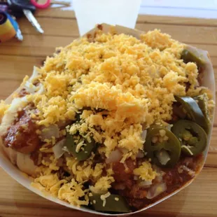 Coney with chili, cheese, onions, and jalepeno!