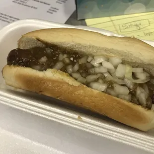 Chili dog. Not as spicy as usual Greek chili, but not bland. Really good. Dog is quality too!