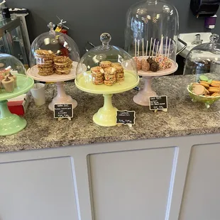 Small cookies, cake pops, cupcake shots and macarons