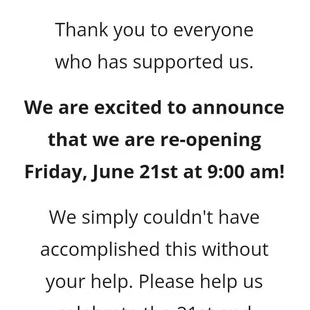 re-opening Friday, June 21st at 9:00 am!