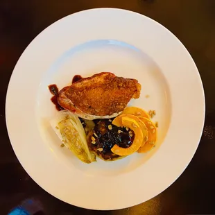 guinea hen breast - huckleberry Johnnie cake, caramelized endive, delicata squash, huckleberry maple butter