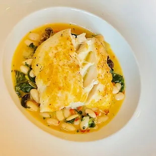 Halibut - great northern beans, leek, spinach, sweet pepper, olive, Calabrian chili