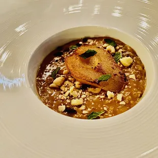 smoked toffee risotto - spiced pear, cocoa nibs, hazelnut, mint