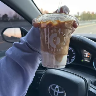 Iced decaf salted Carmel latte