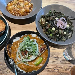 Chicken tikki masala, Brussels sprouts, and Yukon potatoes