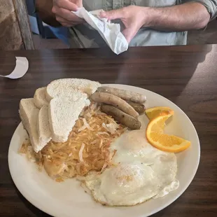 Breakfast plate with sausage links and toast