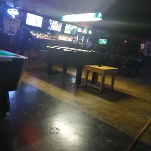 a pool table and pool cues