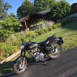 a motorcycle parked on the driveway
